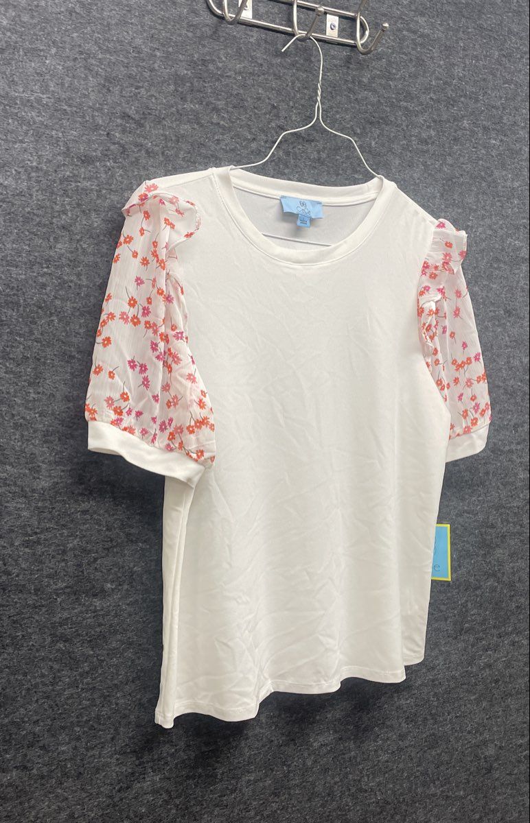 CeCe Women's White Floral Ruffle Sleeve Mixed Media Crew Neck Top Sz L NWT