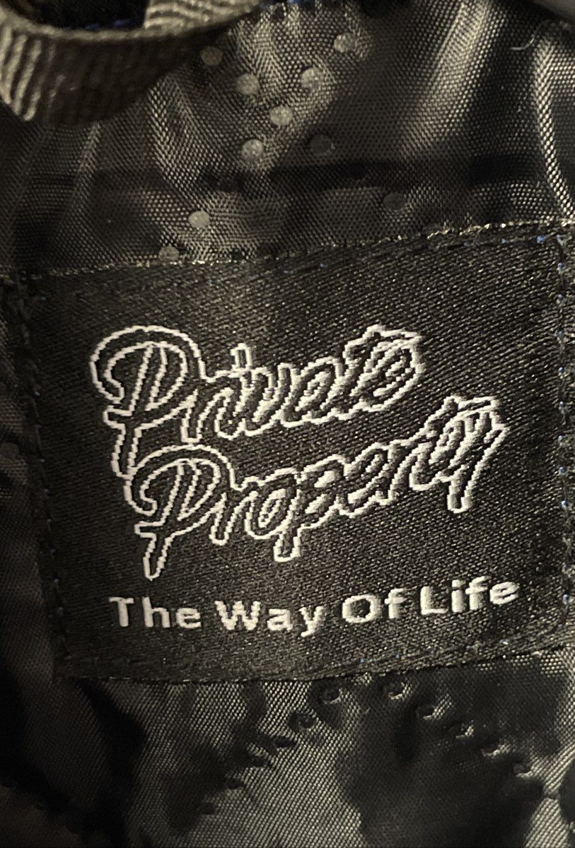 Private Property Men's Blue Satin Varsity Bomber Jacket Embroidered Snap Sz S