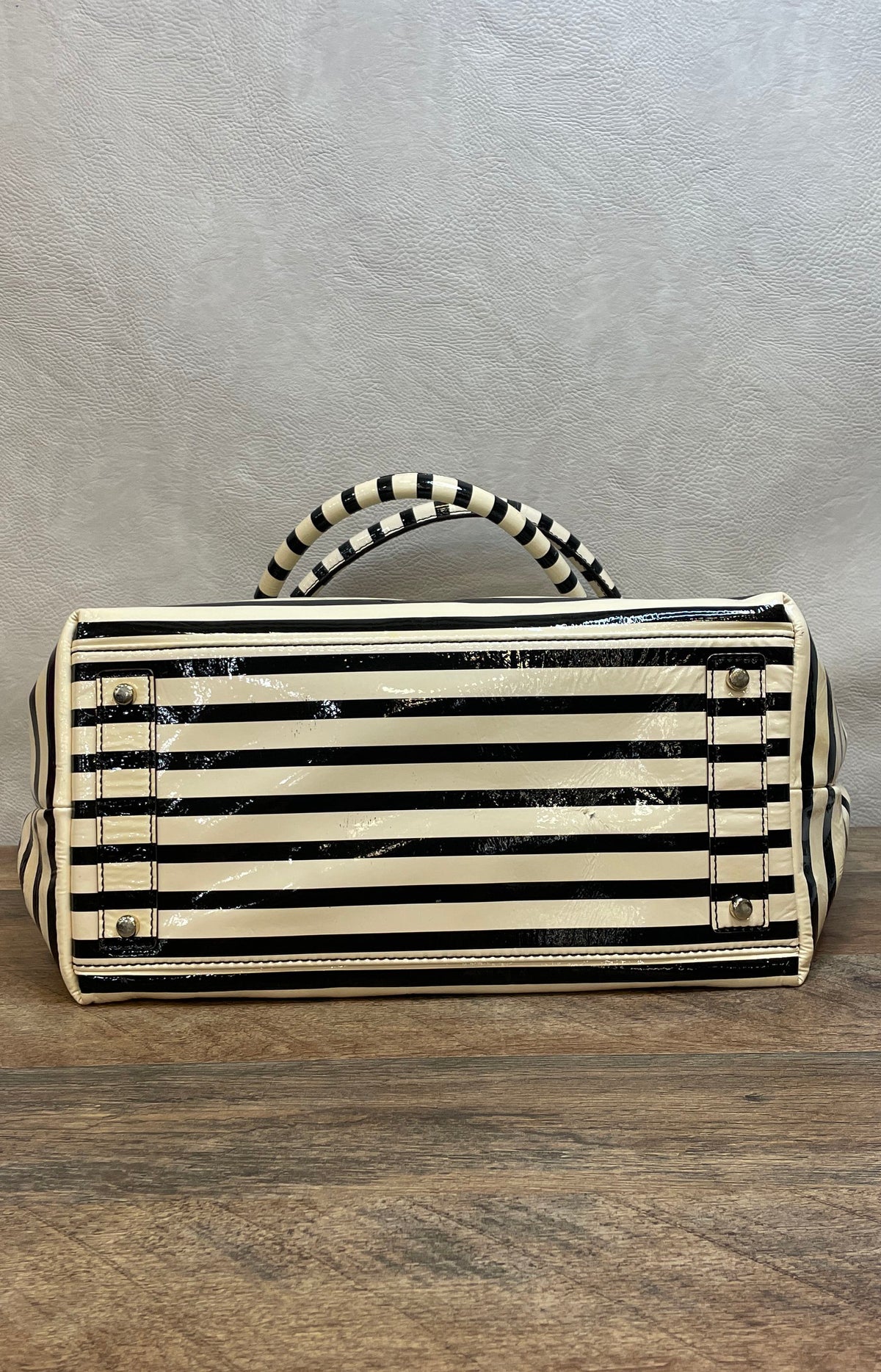 Kate Spade Black White Striped Patent Leather Large Tote Diaper Bag Silver