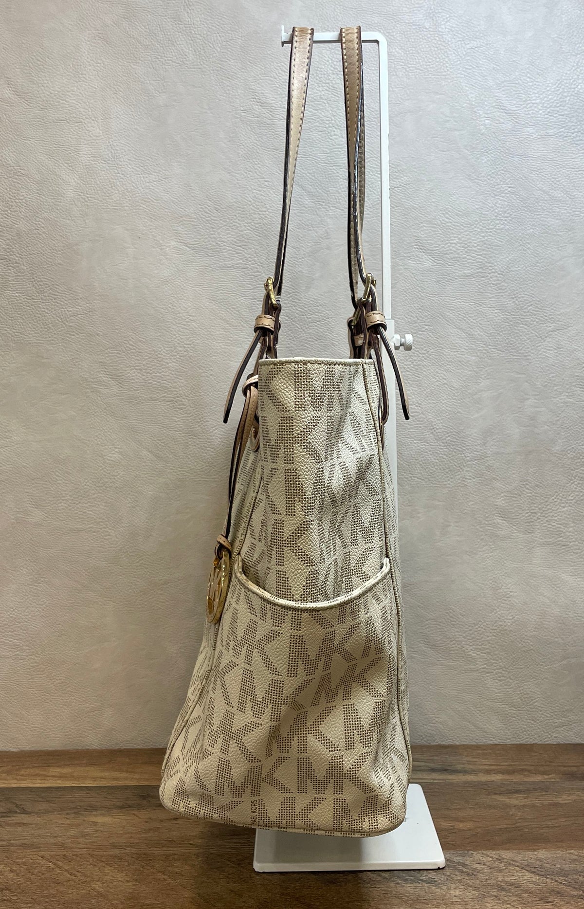 Michael Kors White Signature Jet Set Tote Bag Leather Trim Gold Hardware