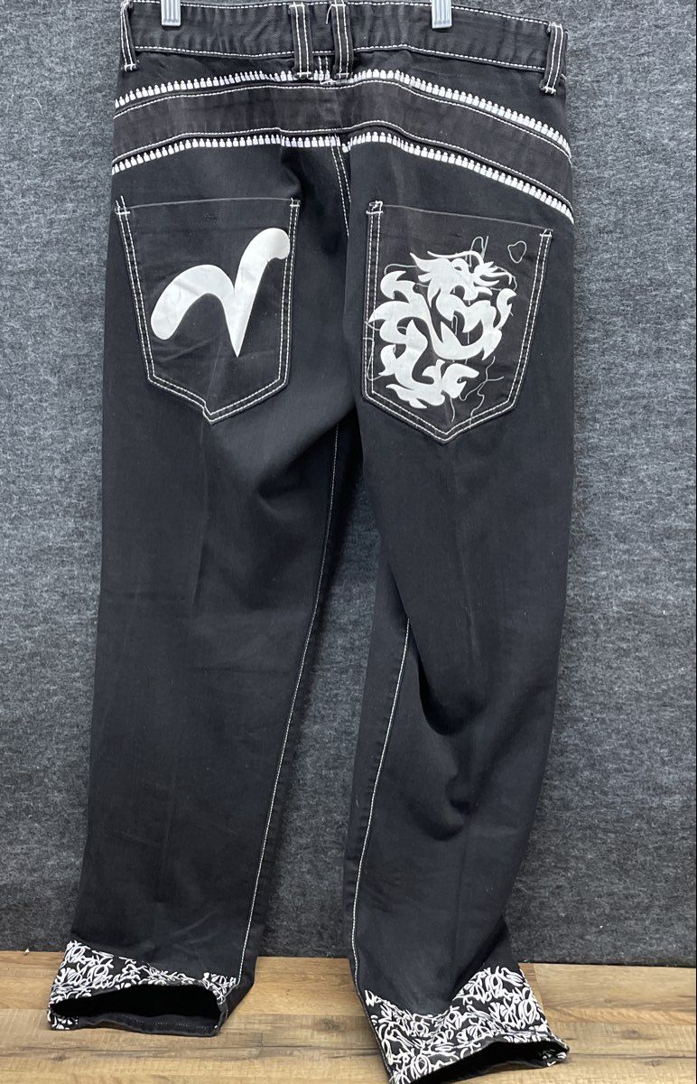Aobodi Men's Black Denim Jeans White Contrast Stitch Dragon Graphic Pocket Sz 34
