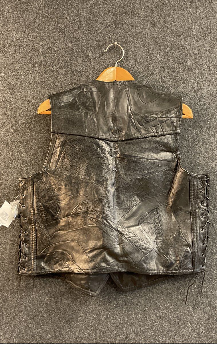 Diamond Plate Men's Buffalo Leather Vest Black Patchwork Biker Motorcycle XL