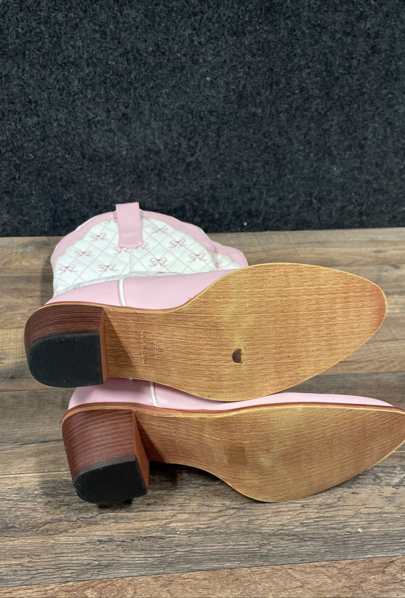 Pink White Bow Embroidered Quilted Western Cowboy Boots Women's Size 8