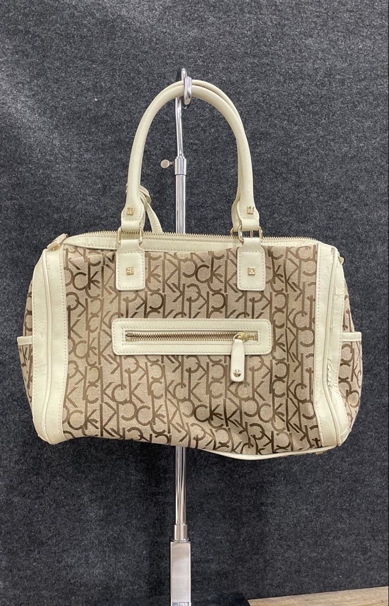Calvin Klein Brown Monogram White Leather Satchel Handbag Gold Hardware
