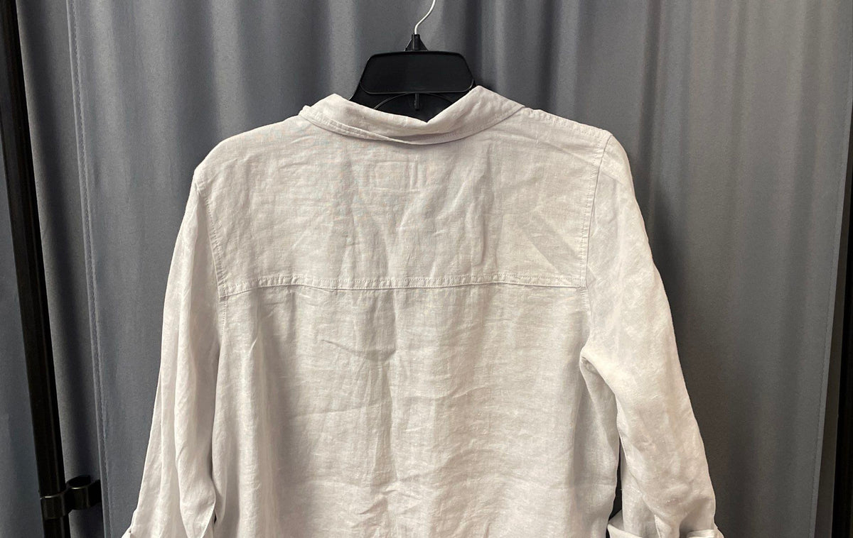 Sigrid Olsen Women's White 100% Linen Roll Tab Sleeve Button Front Shirt Sz M