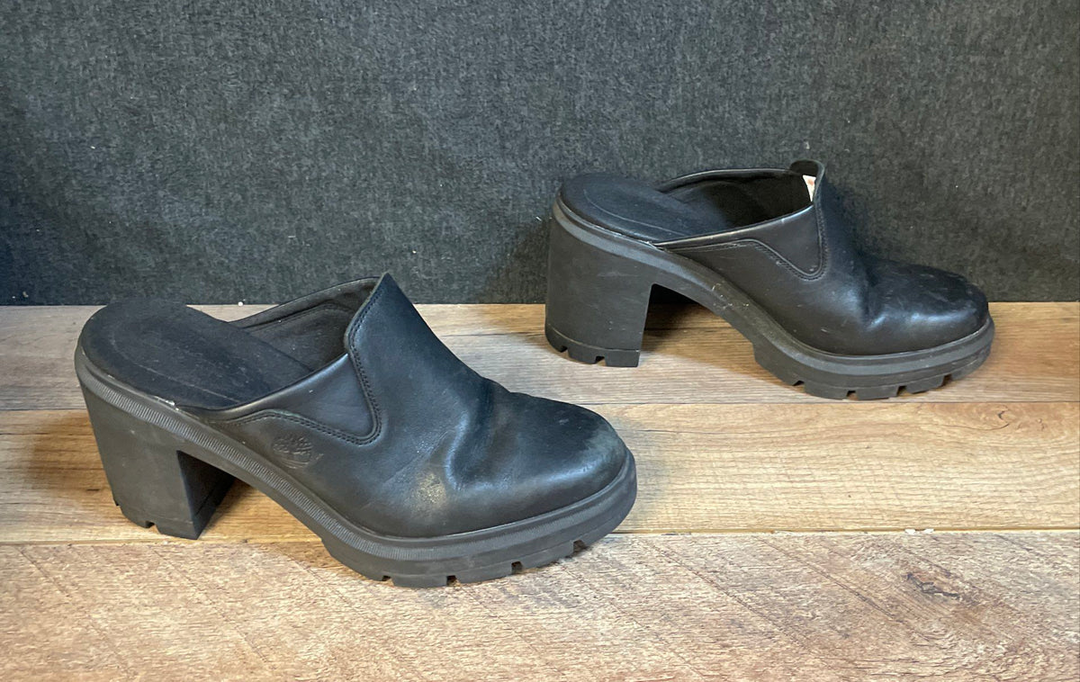 Timberland Black Leather Chunky Block Heel Lug Sole Mules Women's Size 10W