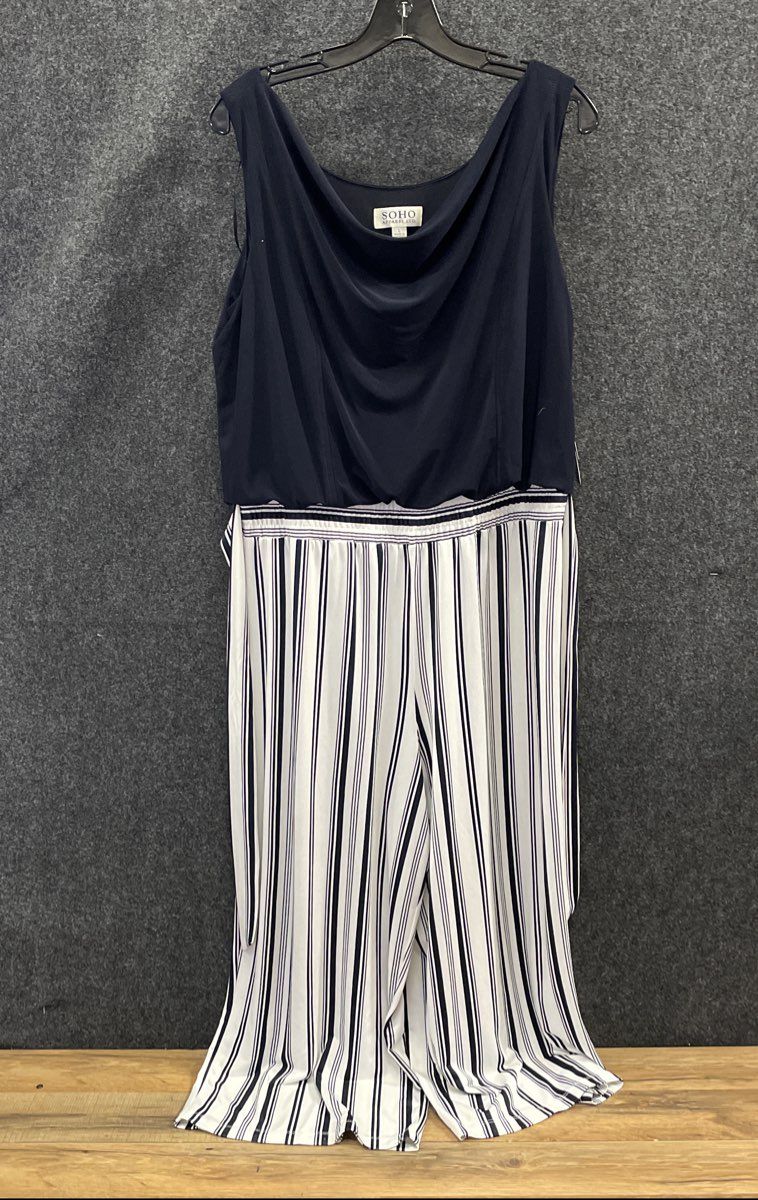 Soho Apparel Women's Navy Blue White Striped Wide Leg Cowl Neck Jumpsuit Sz L