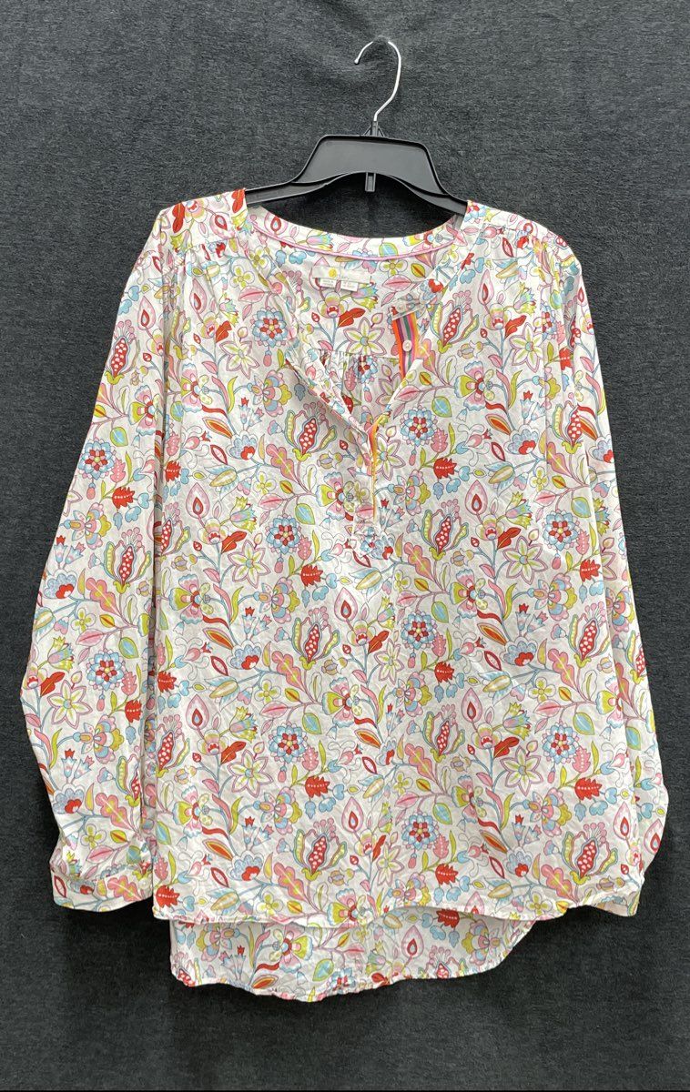 Boden Women's Multicolor Floral Cotton Split Neck Blouse Striped Trim Sz 20/22