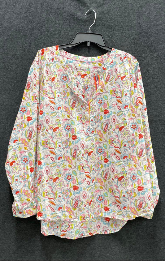 Boden Women's Multicolor Floral Cotton Split Neck Blouse Striped Trim Sz 20/22