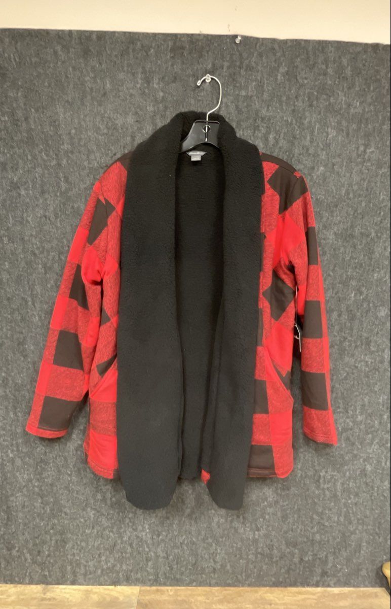 Eddie Bauer Women's Red Black Buffalo Plaid Sherpa Lined Robe Cardigan NWT Sz S