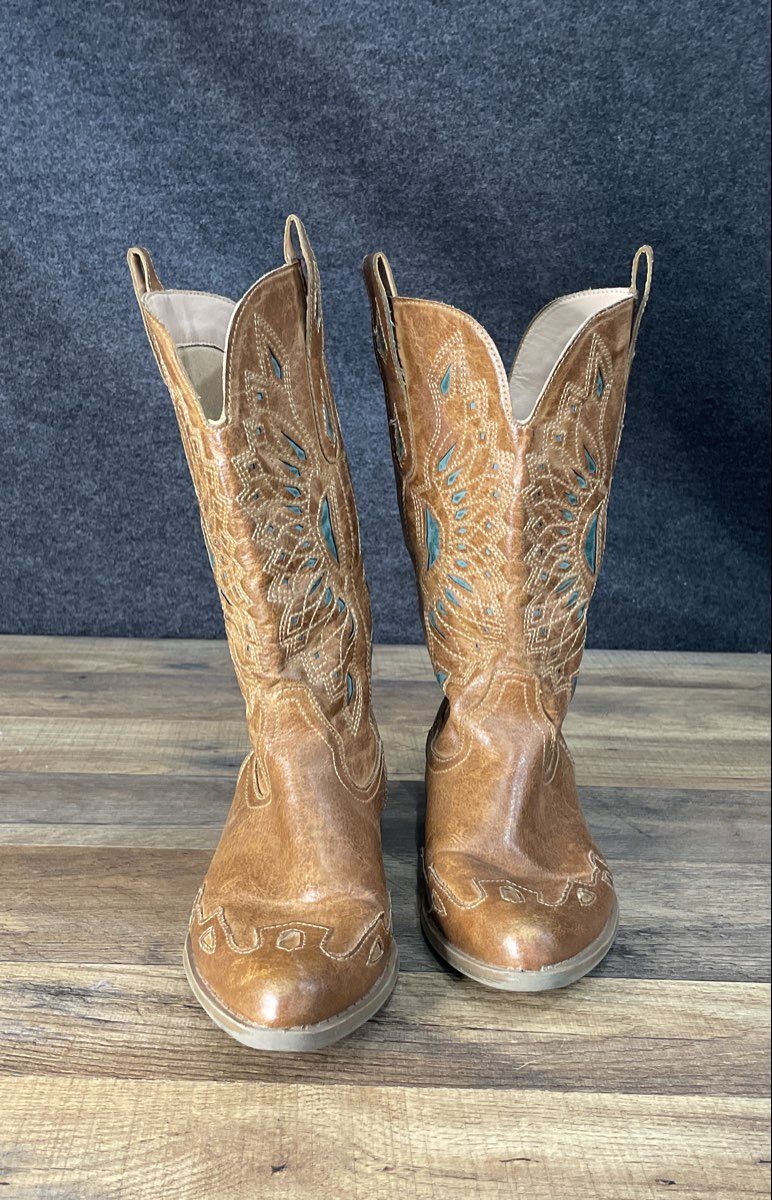 Coconuts Bandalero Brown Turquoise Western Cowboy Boots Women's Size 7M