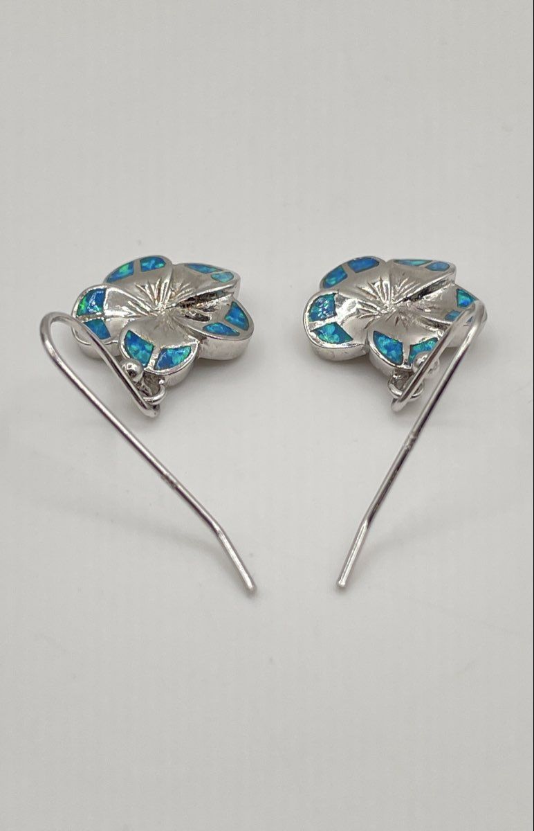 925 Sterling Silver Blue Opal Inlay Plumeria Flower Dangle Earrings 6.4g