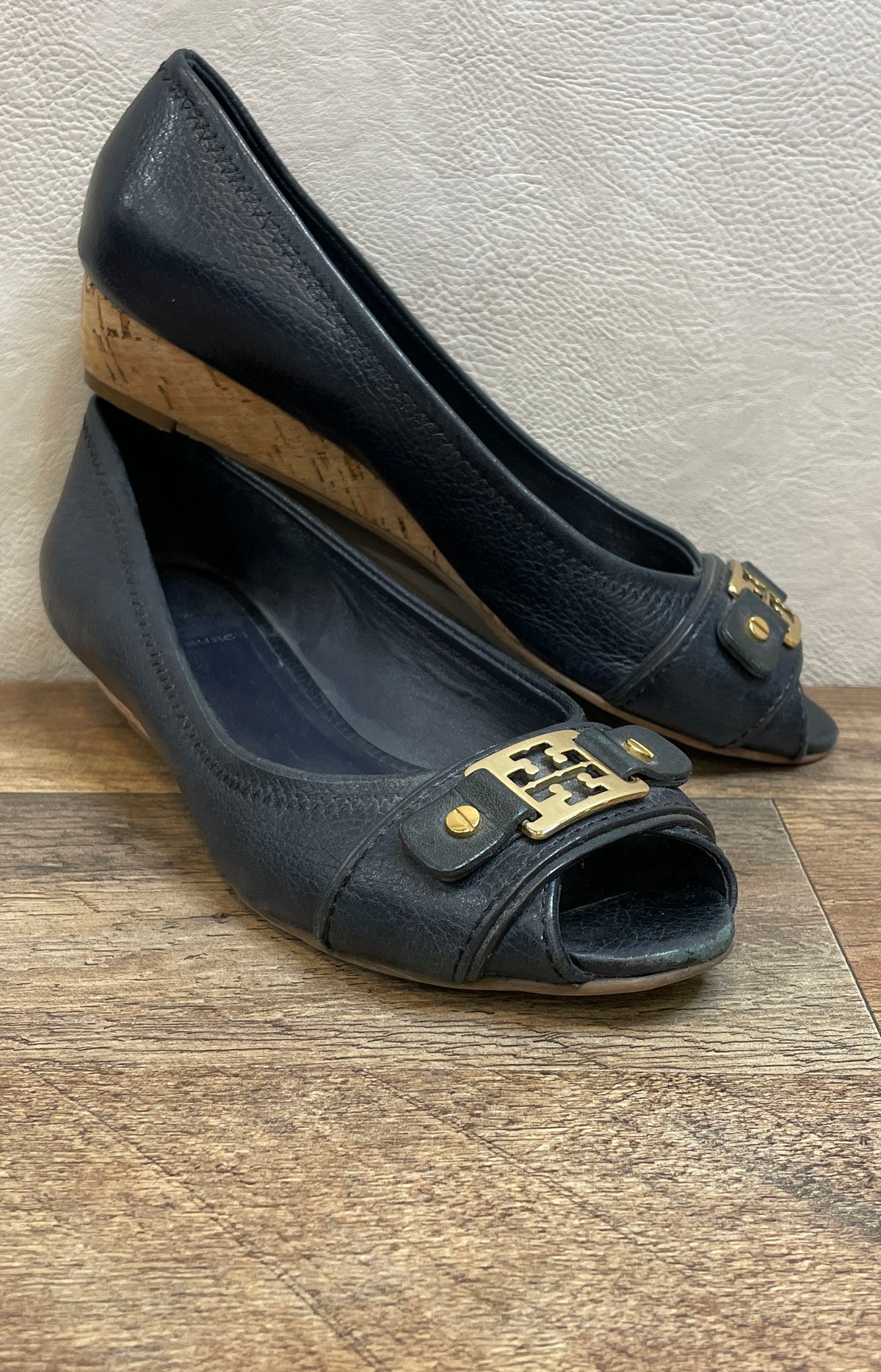 Tory Burch Navy Blue Leather Sally Peep Toe Cork Wedge Heels Size 7M