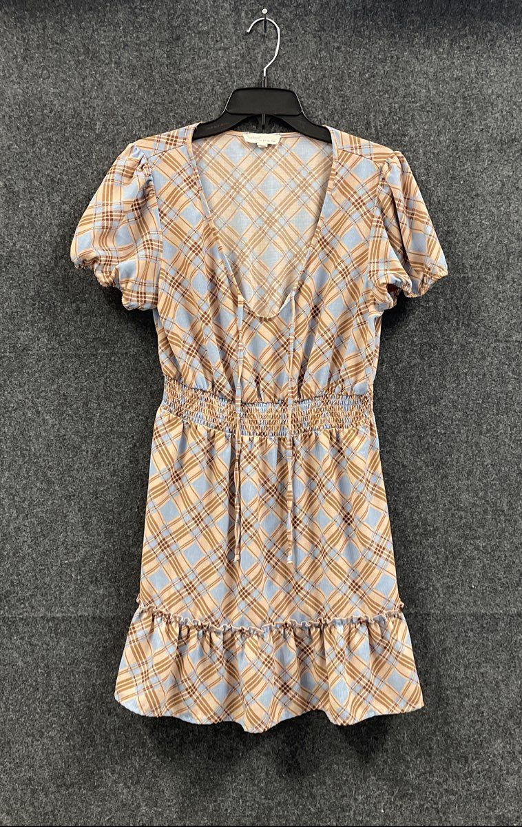 Bebop Women's Plaid Smocked Waist Ruffle Short Puff Sleeve V-Neck Dress Sz XL