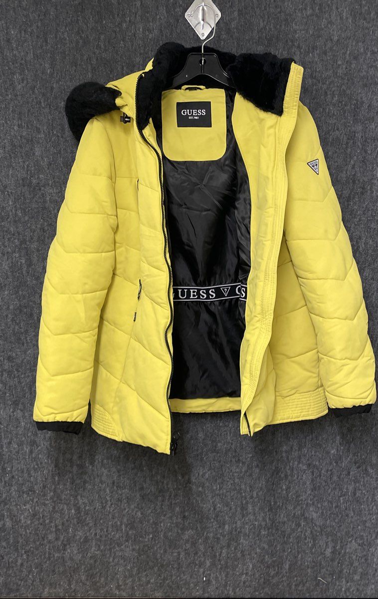 Guess Women's Yellow Faux Fur Trim Hooded Quilted Puffer Jacket Sz L