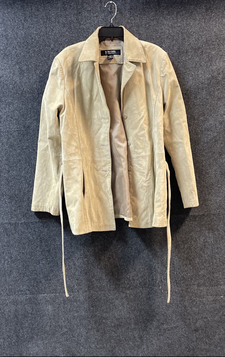 New York & Company Women's Tan Suede Leather Belted Trench Coat Jacket Sz XL