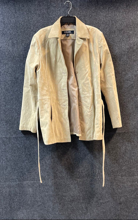 New York & Company Women's Tan Suede Leather Belted Trench Coat Jacket Sz XL