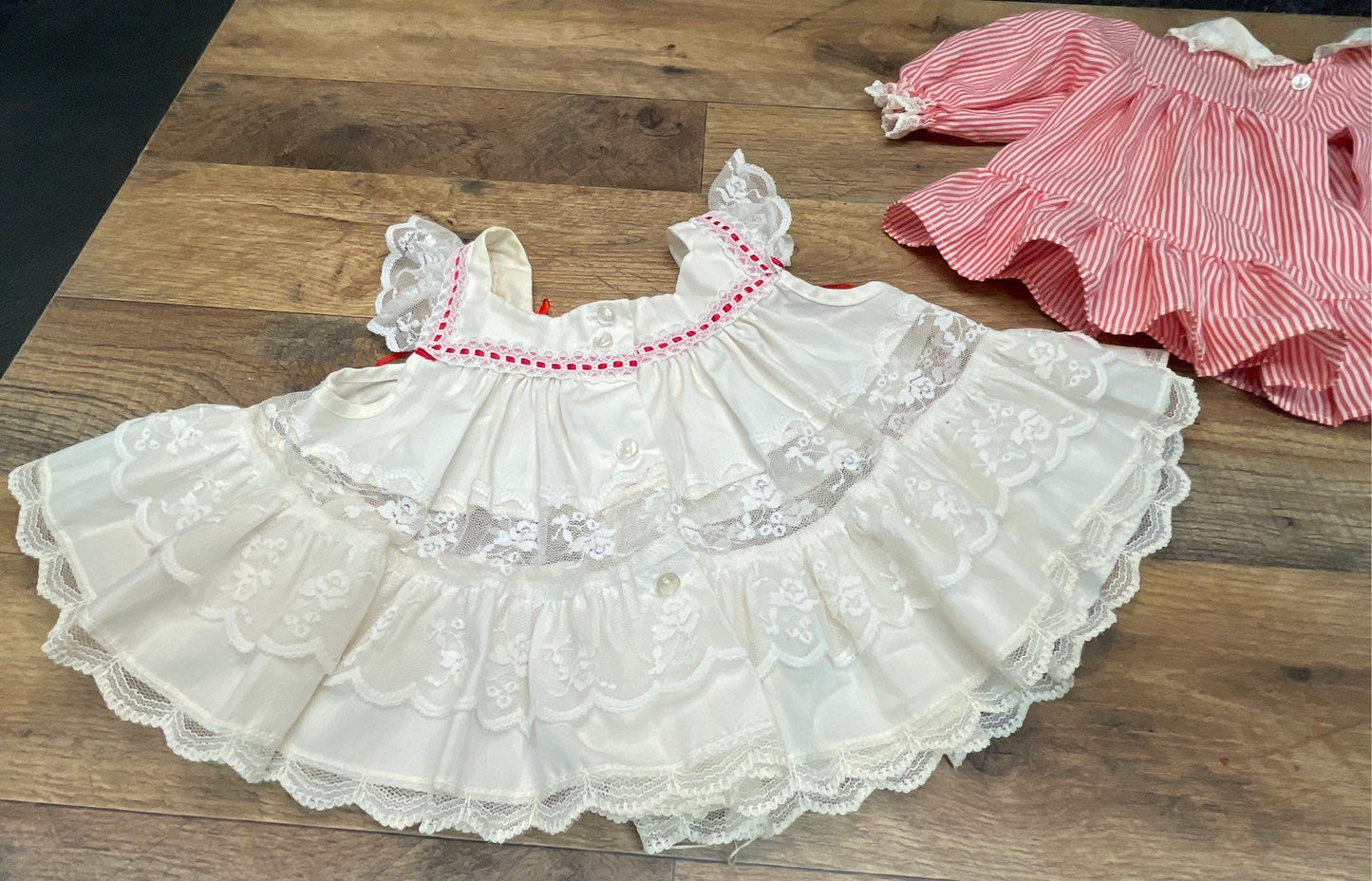 Vintage 80s Bryan Baby Dress Set Red White Striped Lace Pinafore USA Sz 0-3M