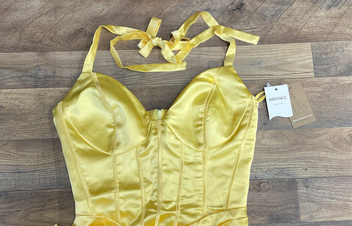 Missacc Women's Yellow Satin Halter Corset Draped Slit Maxi Dress NWT