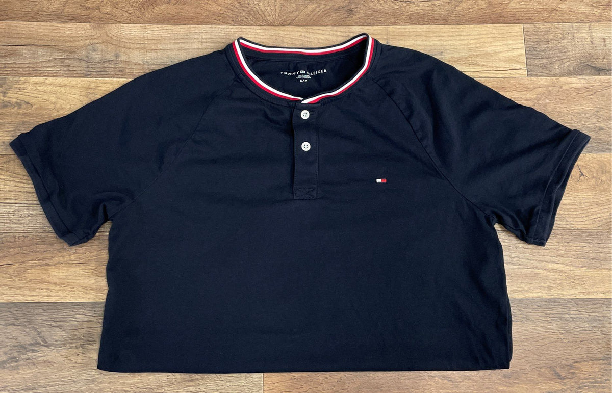 Tommy Hilfiger Men's Navy Blue Raglan Short Sleeve Henley Shirt Cotton Sz S