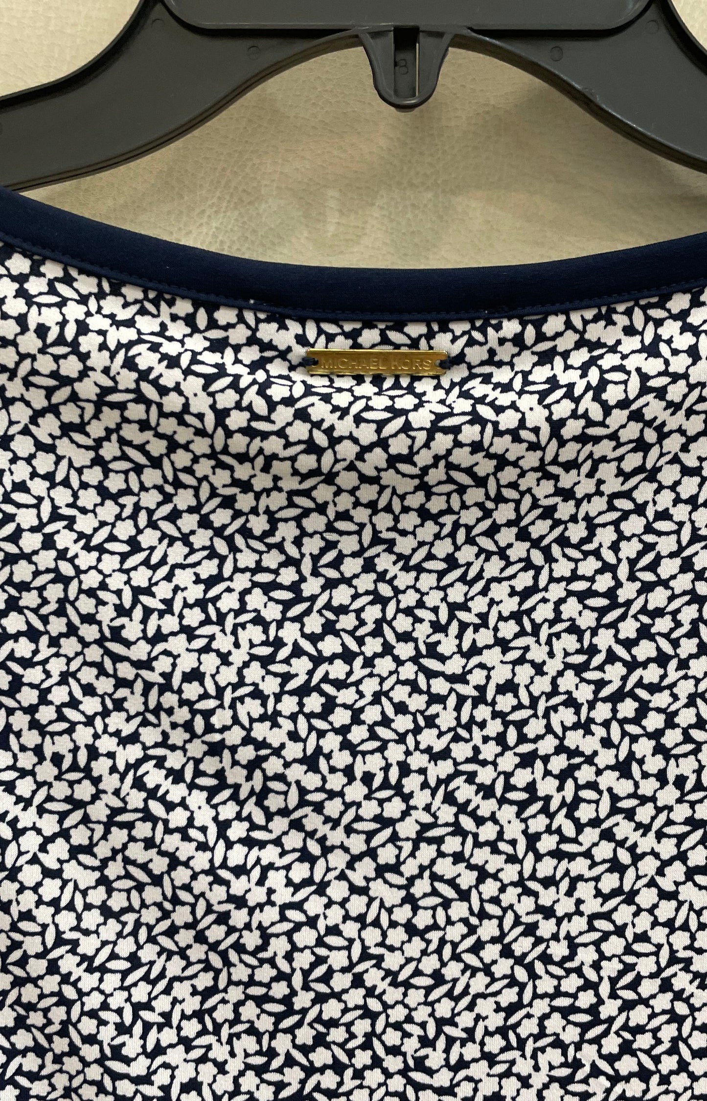 Michael Kors Women's Navy Blue White Floral Shift Dress Striped Hem Stretch Sz M
