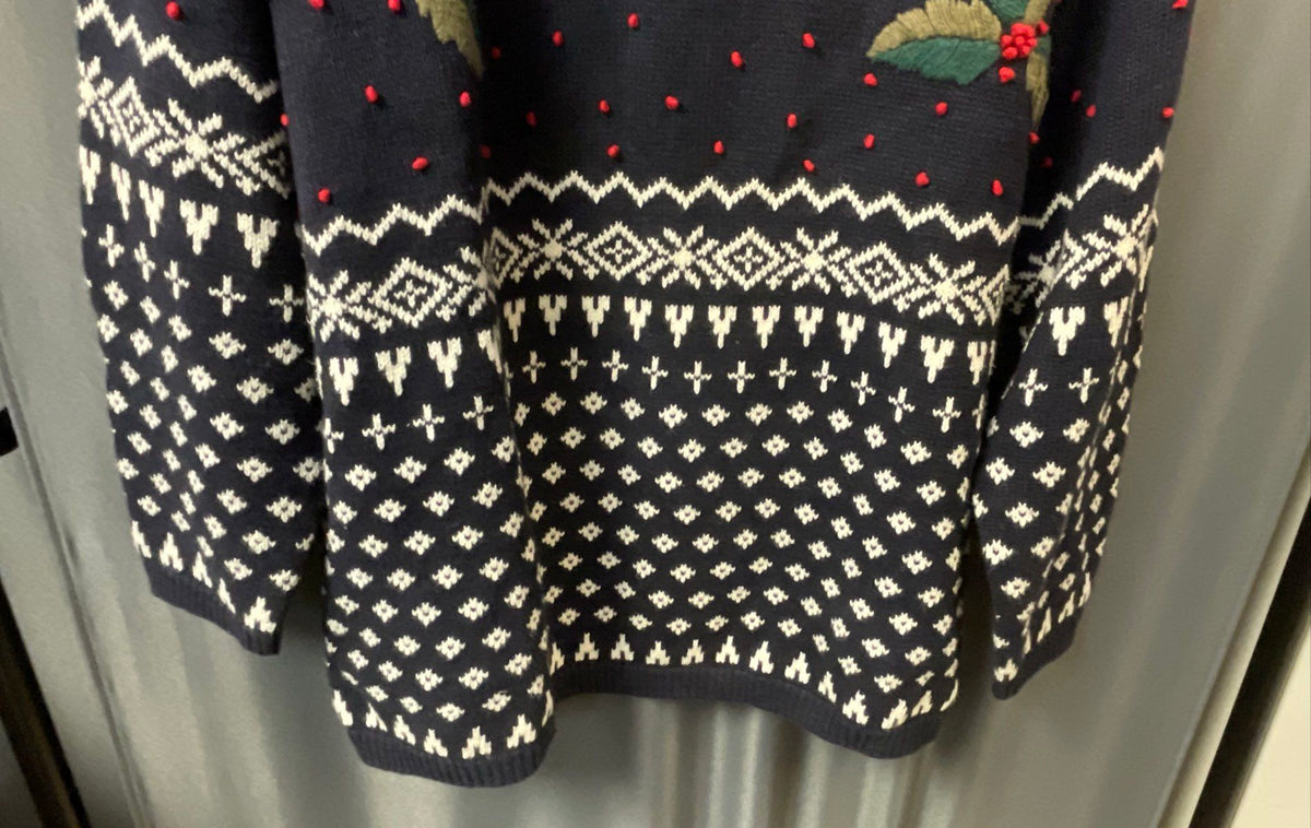 Dressbarn Women's Navy Fair Isle Holly Berry Mock Neck Christmas Sweater 22/24