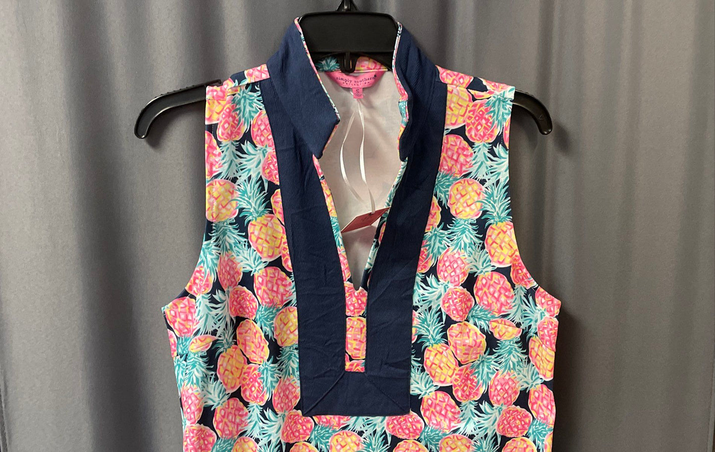 Simply Southern Women's Pineapple Tunic Dress Pink Navy Sleeveless Rickrack Sz S