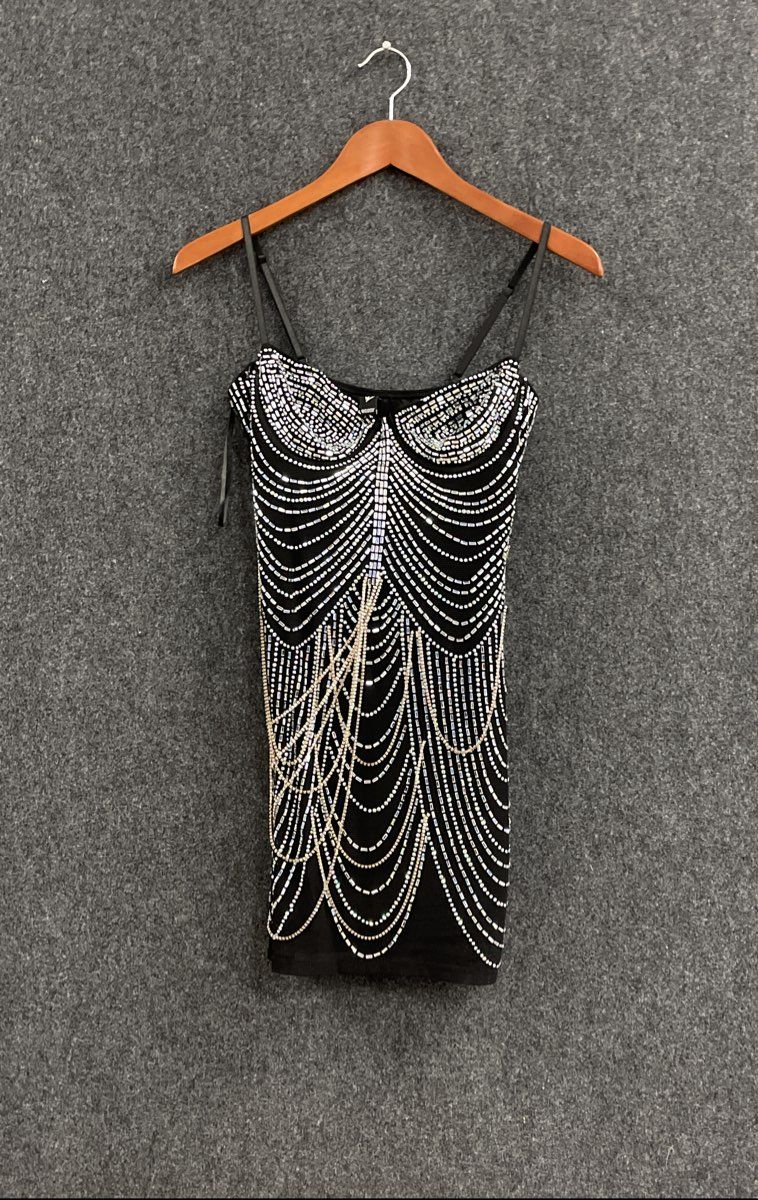 Windsor Women's Black Rhinestone Embellished Chain Bodycon Mini Dress Size S