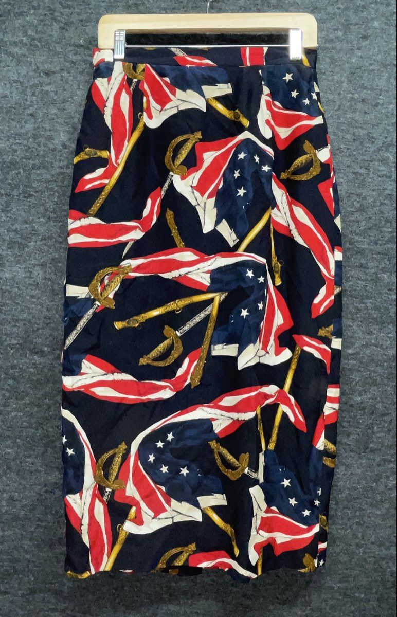 Vintage 90s Jones New York Women's Navy Silk Flag Saber Print Wrap Skirt Sz 10
