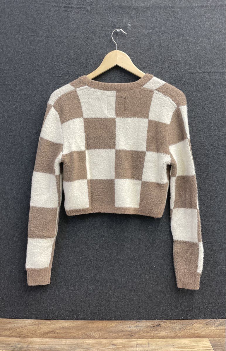 Petals Women's Fuzzy Cardigan Brown White Checkerboard Cropped Sweater Sz XS