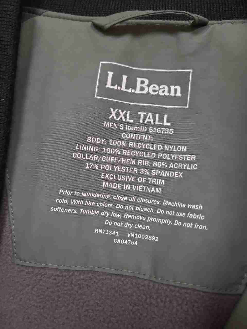 L.L. Bean Men's Sage Green Fleece Lined Recycled Nylon Bomber Jacket Sz XXL Tall