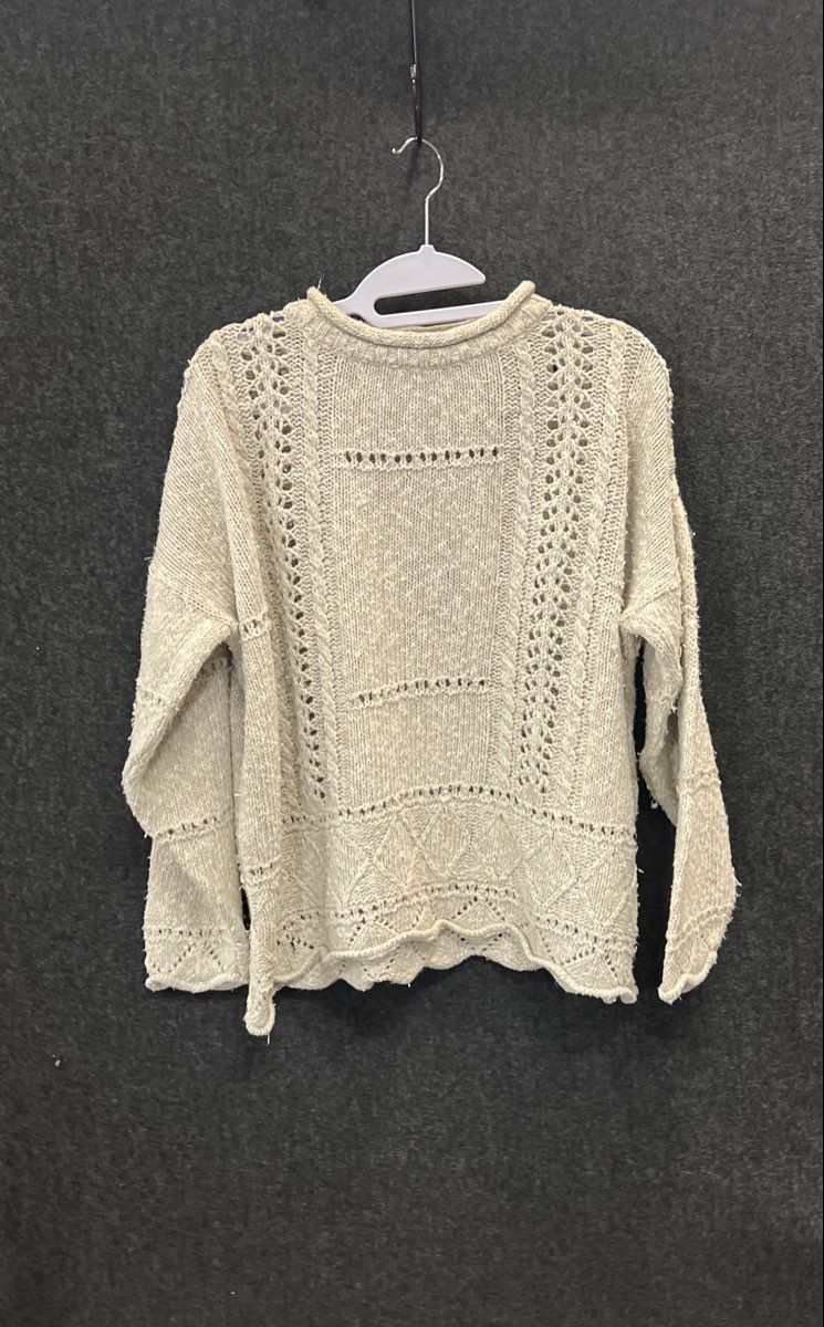 Tivoli Women's Vintage 90s Beige Pointelle Cable Knit Scalloped Sweater Sz M