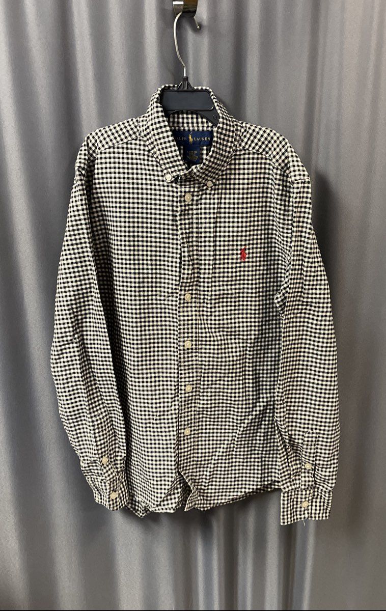 Polo Ralph Lauren Boys Black White Check Gingham Button Down Shirt Sz L 14-16