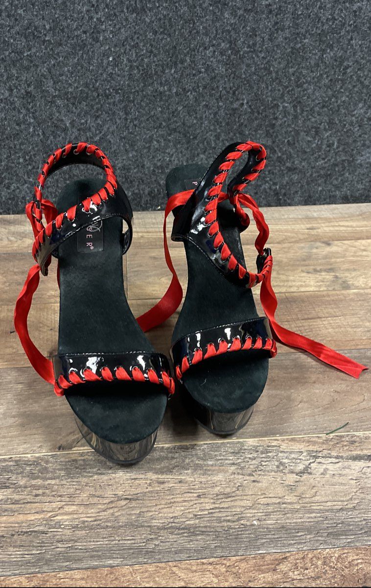 Pleaser Delight-615 Black Red Lace Up Platform Stiletto Heels Women's Size 9