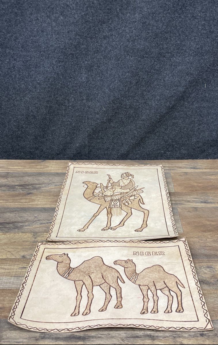 Vintage Lot of 2 Niger African Tooled Leather Art Camel Tuareg Wall Hanging