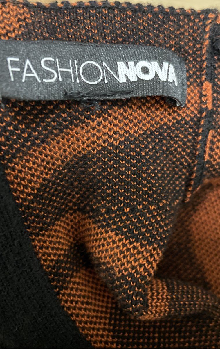 Fashion Nova Women's Black Orange Abstract Swirl Knit Midi Zip Dress Sz M