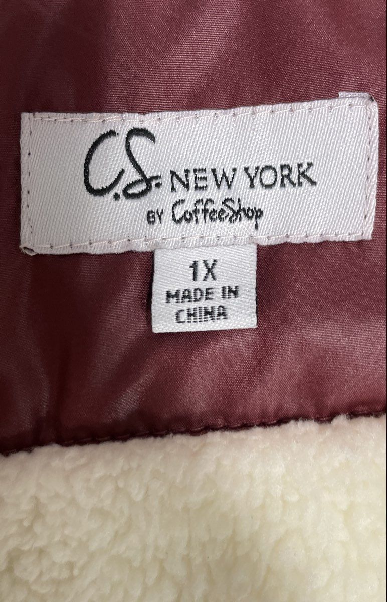 C.S. New York by Coffeeshop Women's Burgundy Sherpa Lined Puffer Coat Sz 1X