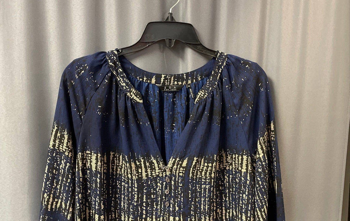 ZOA New York Women's Blue Abstract Print Button V-Neck Long Sleeve Blouse Sz M