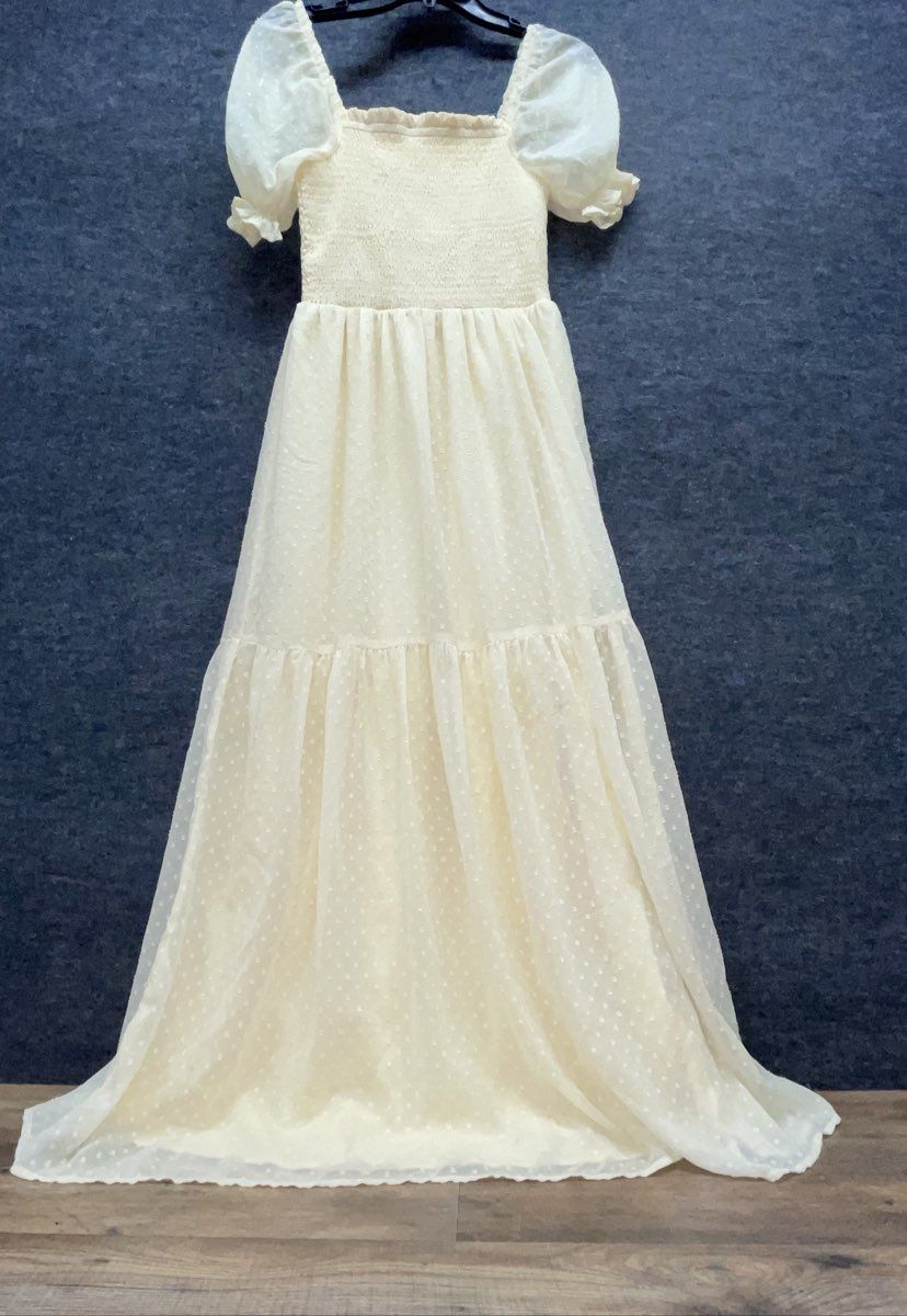 Patrons of Peace Women's Yellow Swiss Dot Smocked Puff Sleeve Maxi Dress Sz S