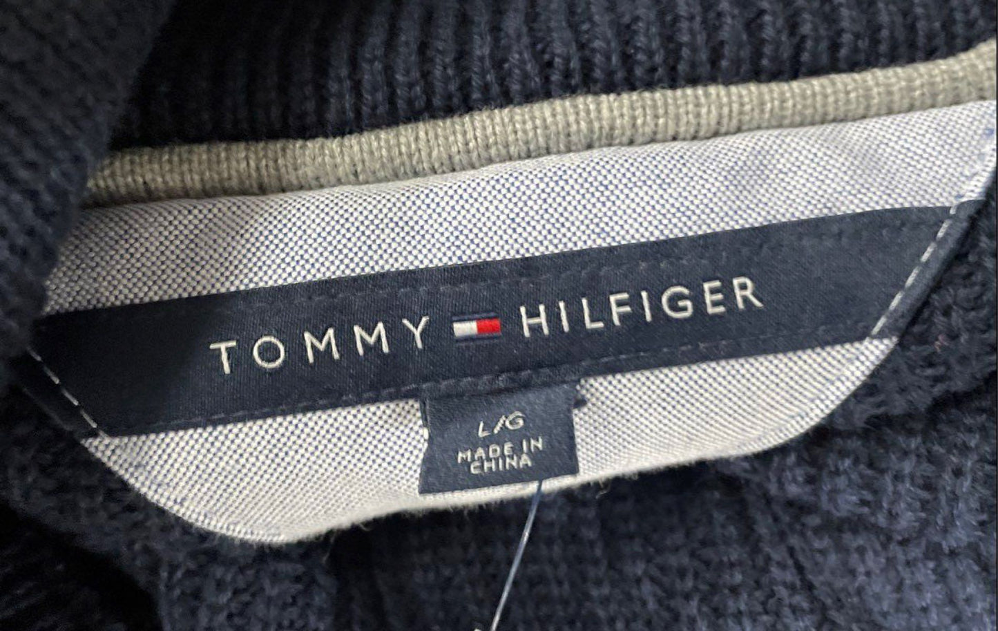 Tommy Hilfiger Men's Navy Quarter Zip Ribbed Knit Cotton Sweater Sz L NWT