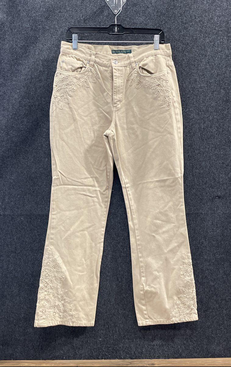 Lauren Jeans Co. Ralph Lauren Women's Tan Crochet Lace Applique Trim Jeans Sz 8