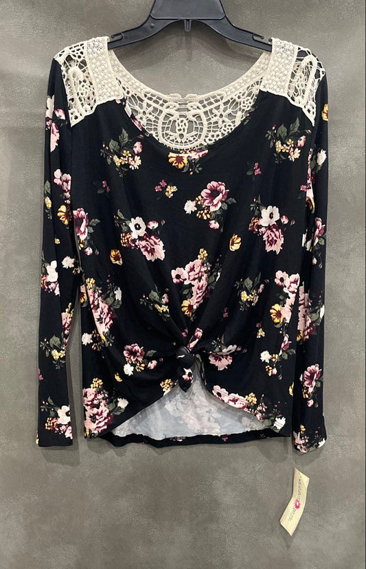 Wishful Park Women's Black Floral Crochet Lace Yoke Knot Front Top Sz L NWT