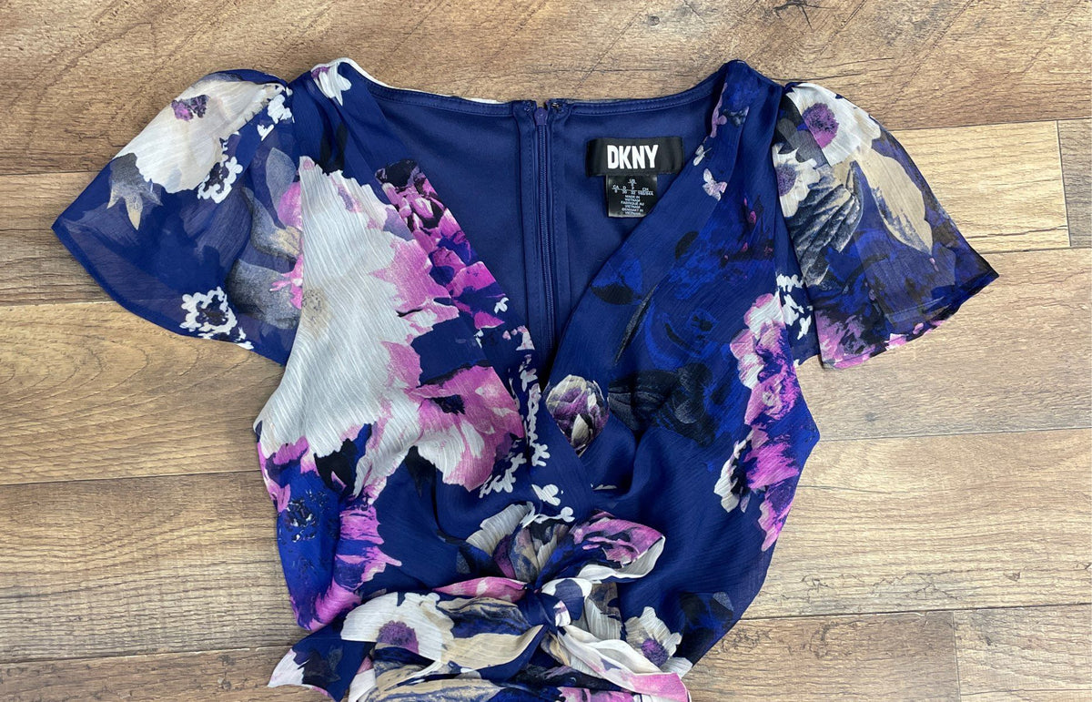 DKNY Women's Blue Floral V-Neck Tie Waist Flutter Sleeve Dress Sz 0