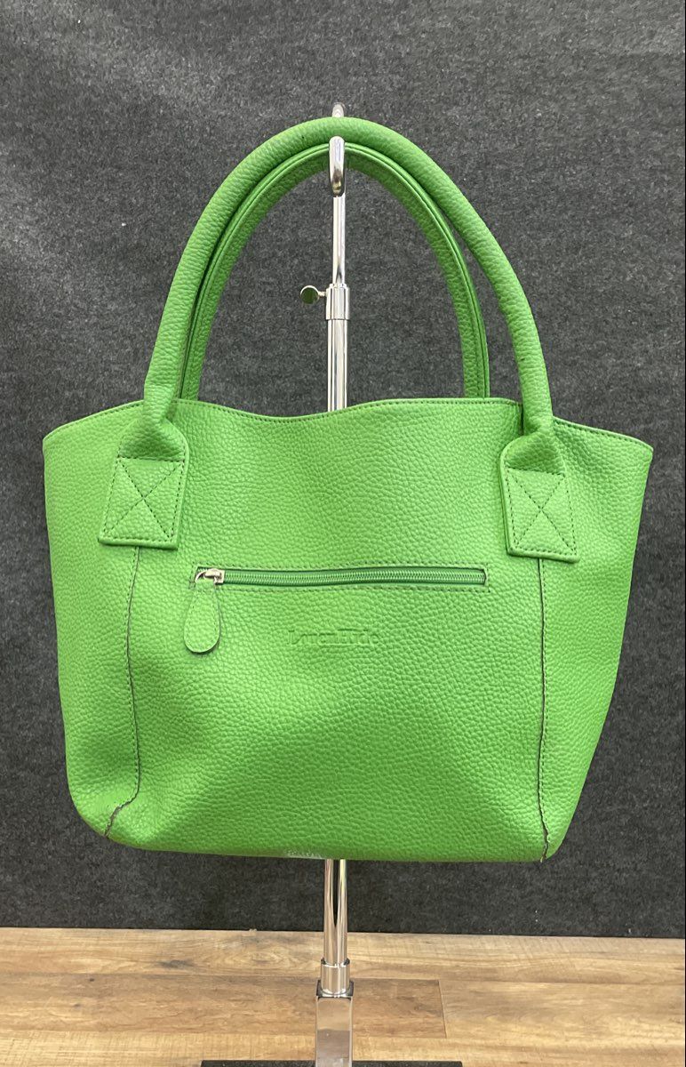 Louen Hide Green Pebbled Vegan Leather Tote Shoulder Bag Striped Lining