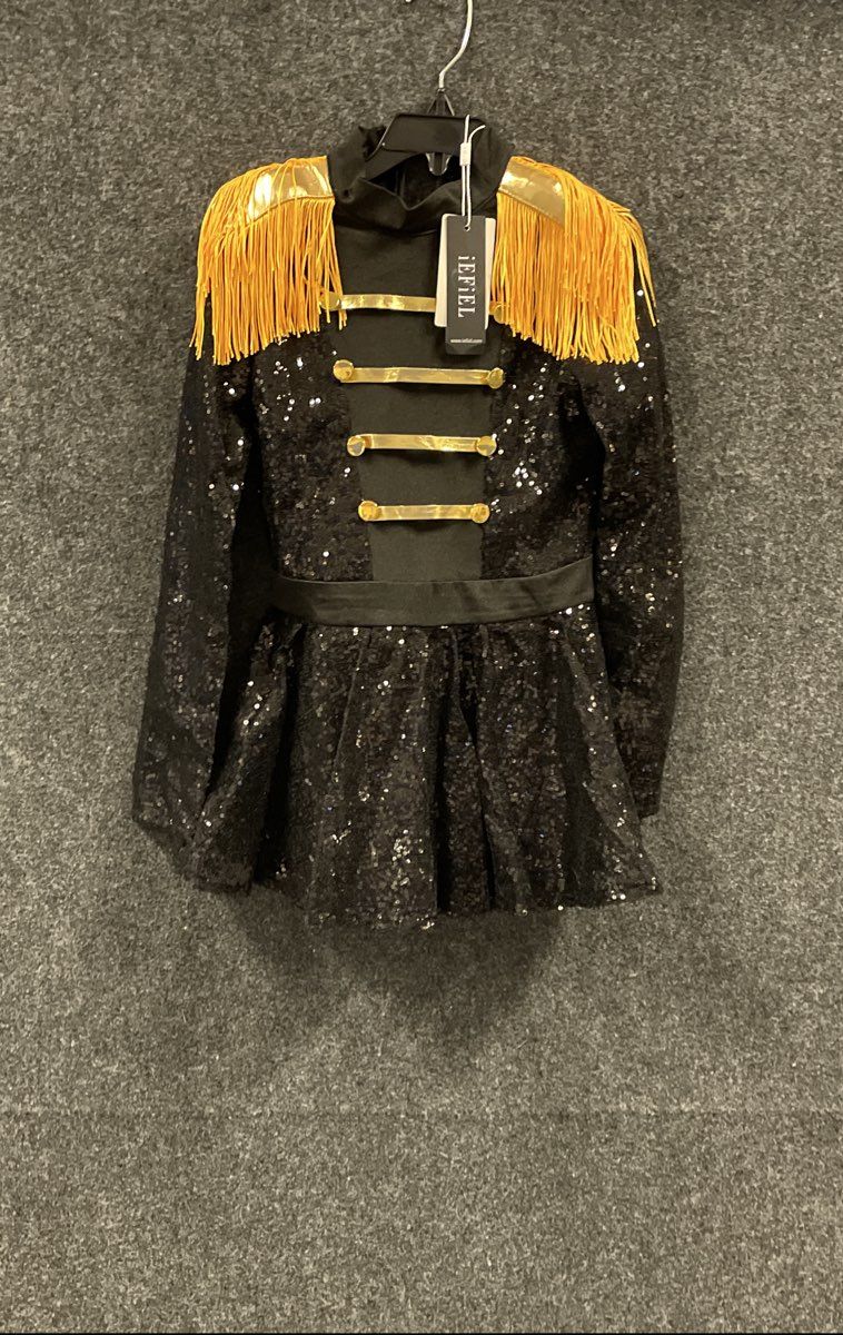 Iefiel Girls Black Gold Sequin Majorette Dance Costume Dress Sz 10 NWT