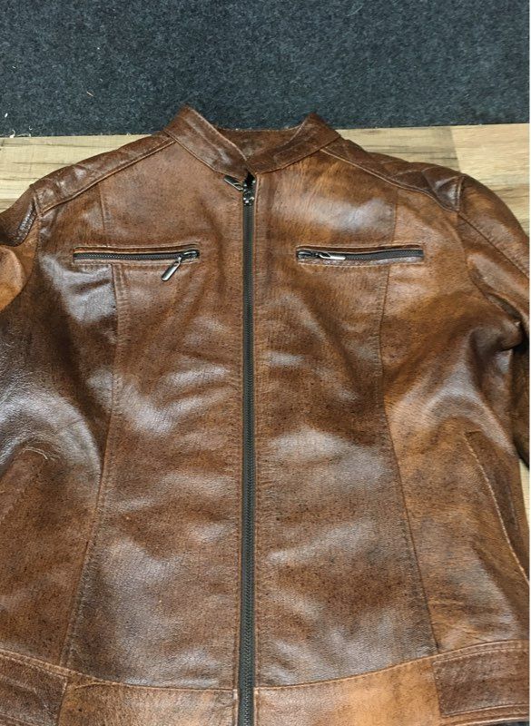 JT Mackenzie Women's Brown Distressed Leather Cafe Racer Moto Jacket Sz 10