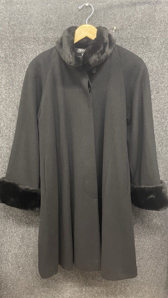 Vintage 90s Steve by Searle Women's Black Wool Coat Faux Fur Trim Sz 2