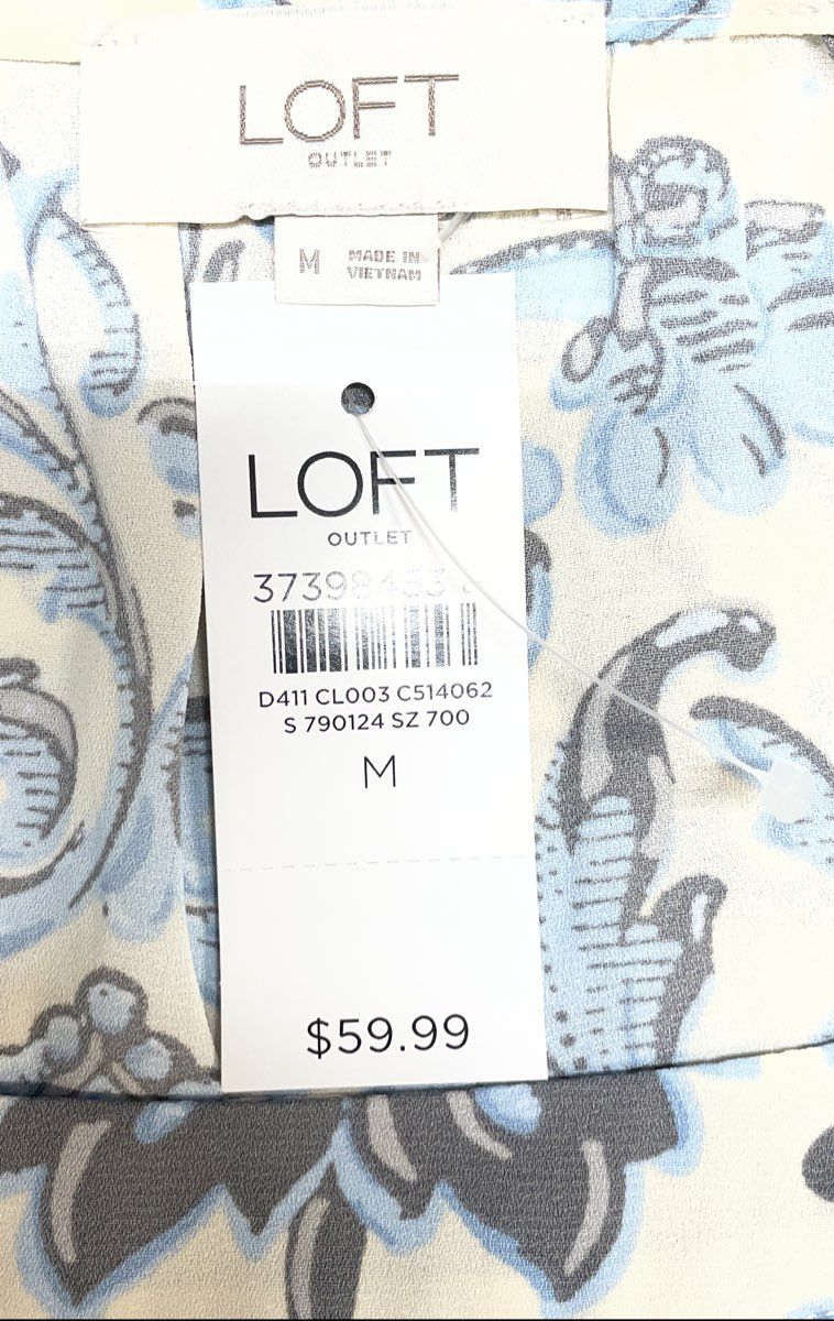 Loft Women's Blue Grey Beige Floral Blouse Smocked Cuffs Sz M NWT