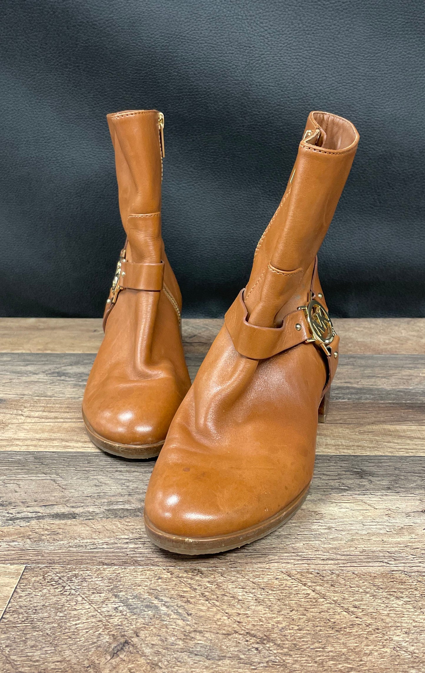 Michael Kors Brown Leather Harness Ankle Boots Gold MK Logo Size 7