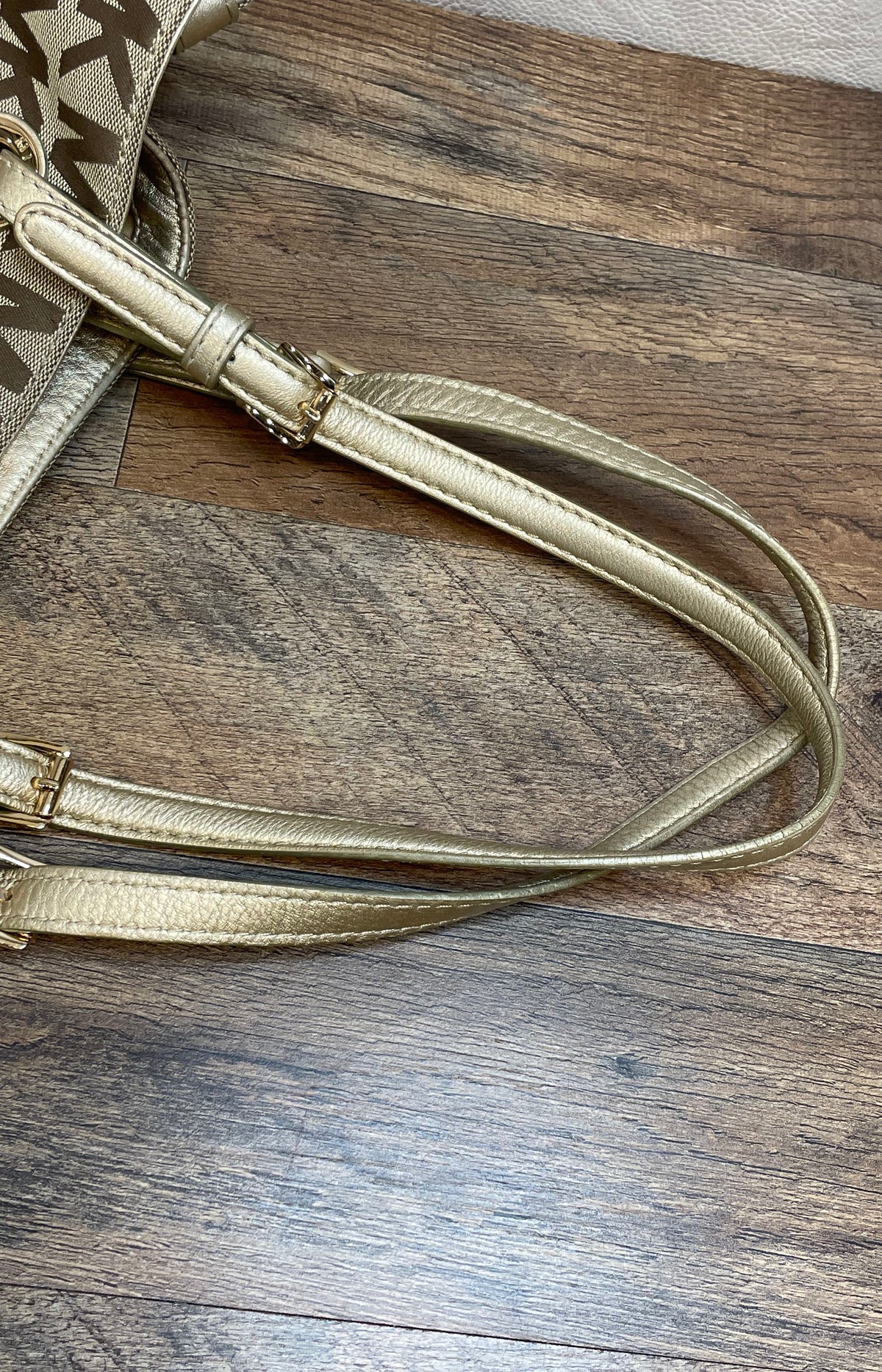 Michael Kors Gold Beige Signature Monogram Tote Bag Metallic Trim Gold Hardware